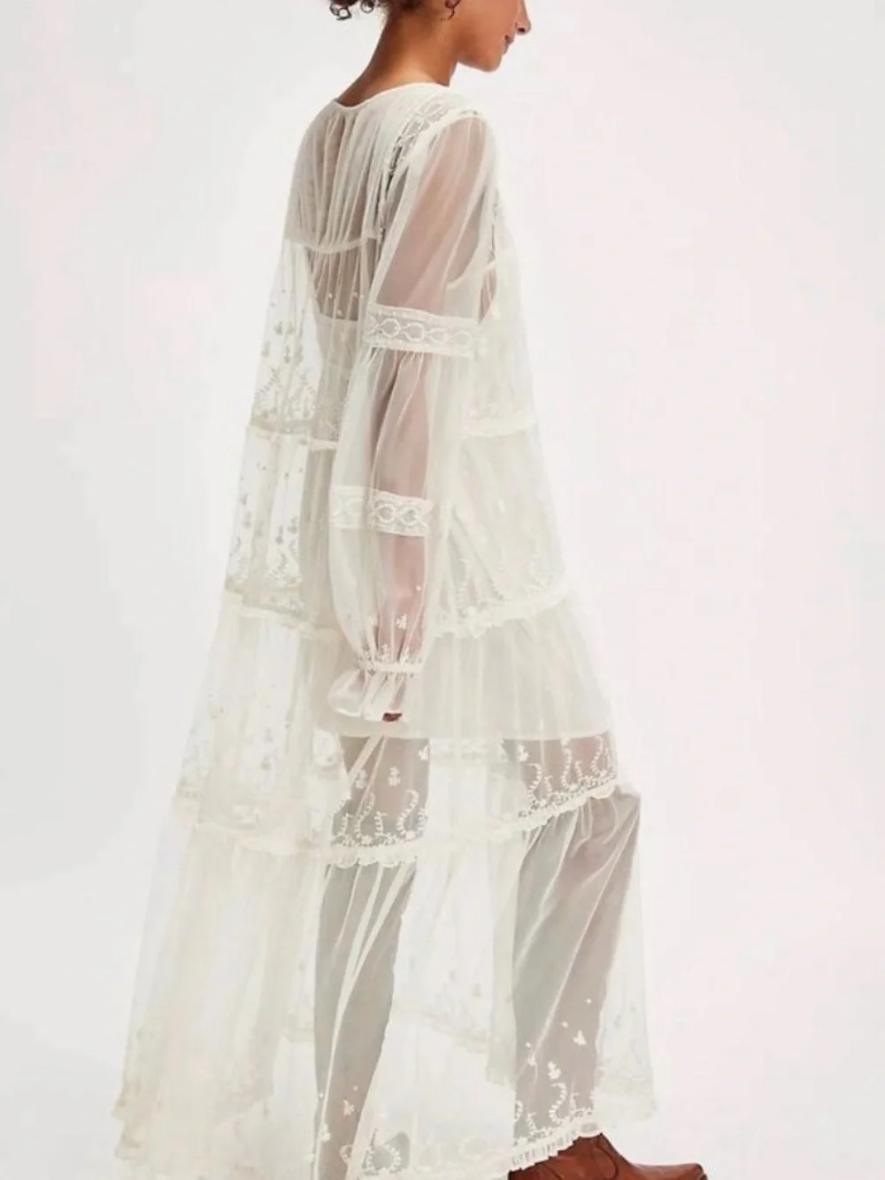 Free People Stevie Embroidered Sheer Mesh Maxi Dress Size Small Ivory